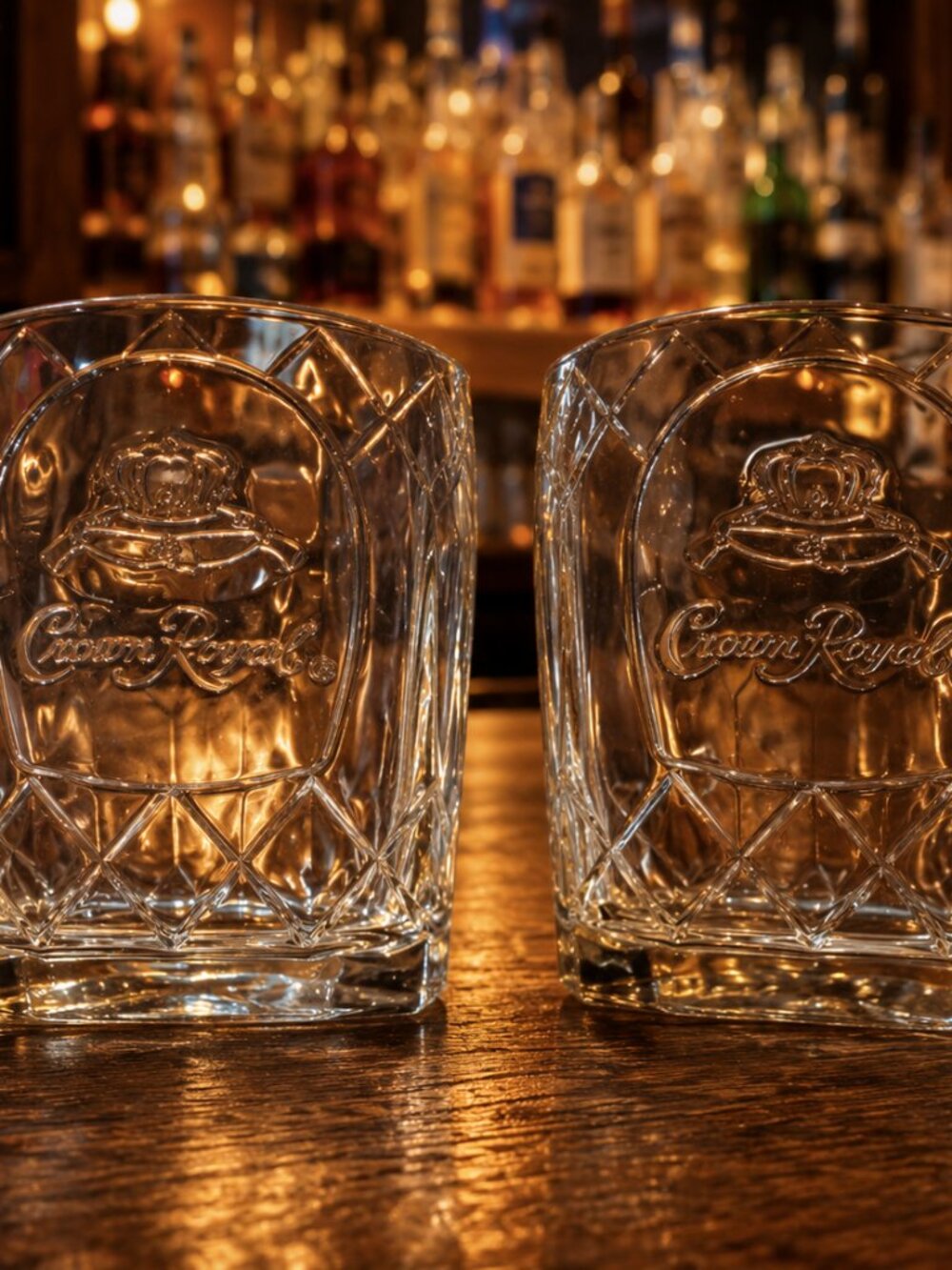 Crown Royal Etched Whiskey Rocks Glasses Set of 2 Diamond Pattern Heavy Barware